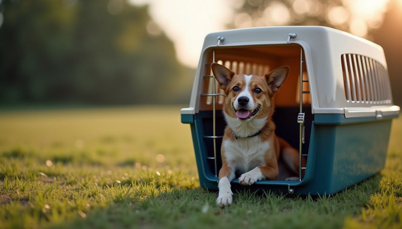 Eye-level view of a pet carrier prepared for travel